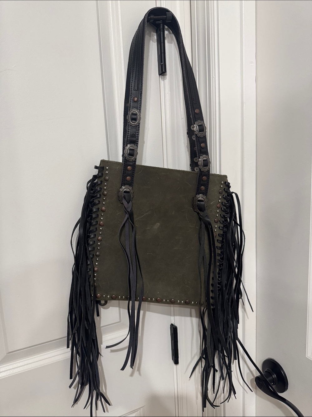 Fringed Olive Suede Tote Bag - Brand Unspecified